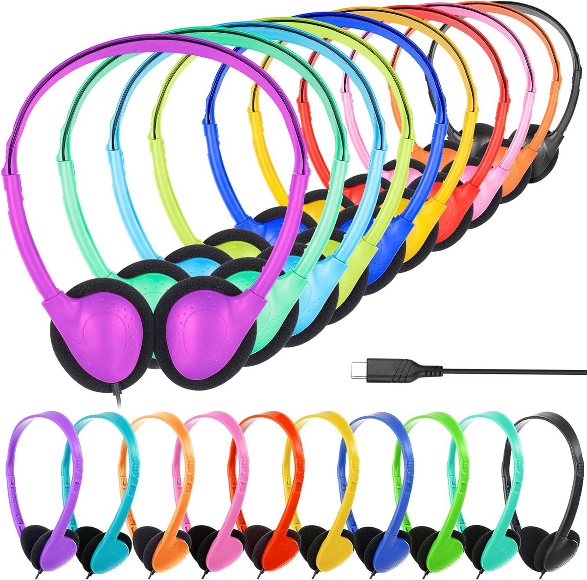 12x USB-C Hoofdtelefoon voor Kinderen en Tieners - Bulkverpakking Schoolkoptelefoon Lichtgewicht Bedraad