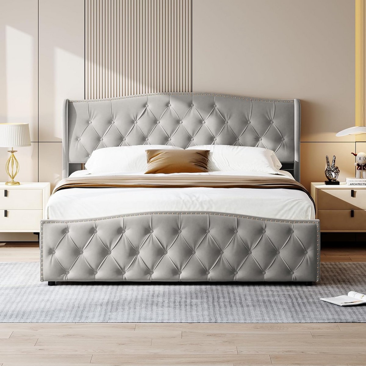 Gestoffeerd Tweepersoonsbed met Opbergruimte en LED Verlichting (160x200 cm)