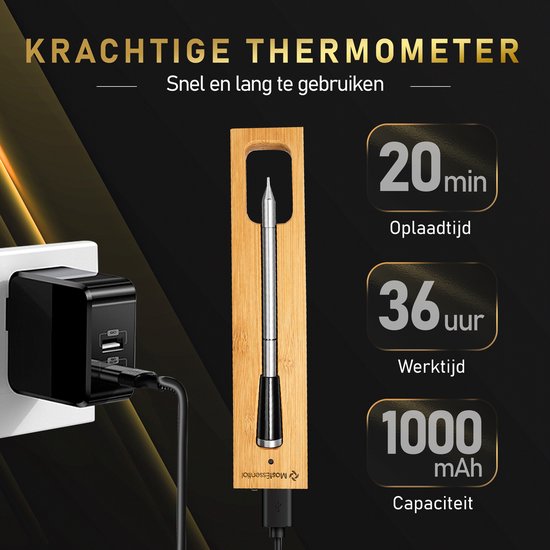 Thermometer in houten houder, aangesloten op oplader, met indicaties voor oplaadtijd (20 min), werktijd (36 uur) en capaciteit (1000 mAh).