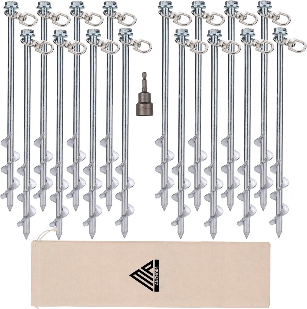 Set van 16 Sterke Schroef Grondankers - 30,5 cm Haringen voor Trampolines, Schuren en Tenten - Inclusief Boor
