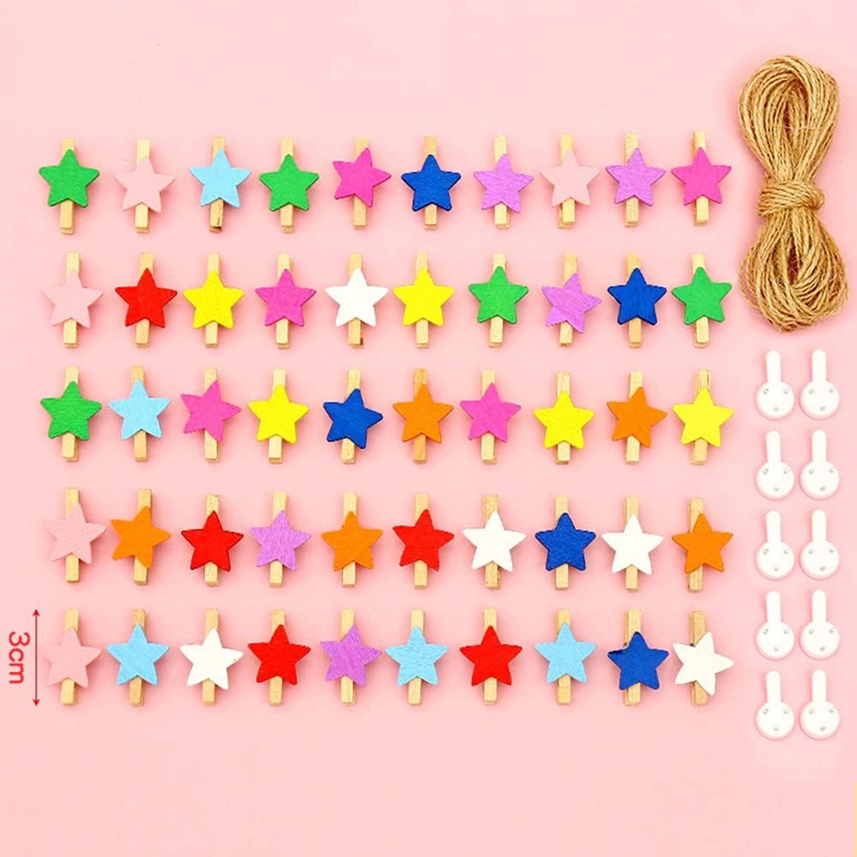 100x Houten Mini Knijpers met Touw en Nagels - Decoratieve Klemmetjes voor Foto's en DIY