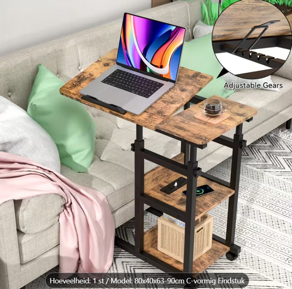 Verstelbare roltafel voor laptop met 2 opbergplanken,
