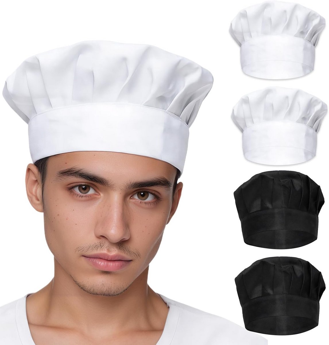 Set van 4 Kookmutsen Katoen - Verstelbaar & Ademend voor Keuken en Horeca - Zwart en Wit
