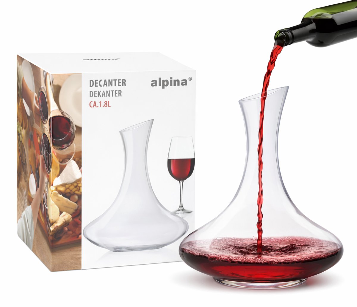 alpina Decanteer Karaf Wijn 1.8L - Luxe Wijnkaraf Glas - Decanter met Brede Bodem voor Beluchting - Ø20 x 24 cm - Transparant