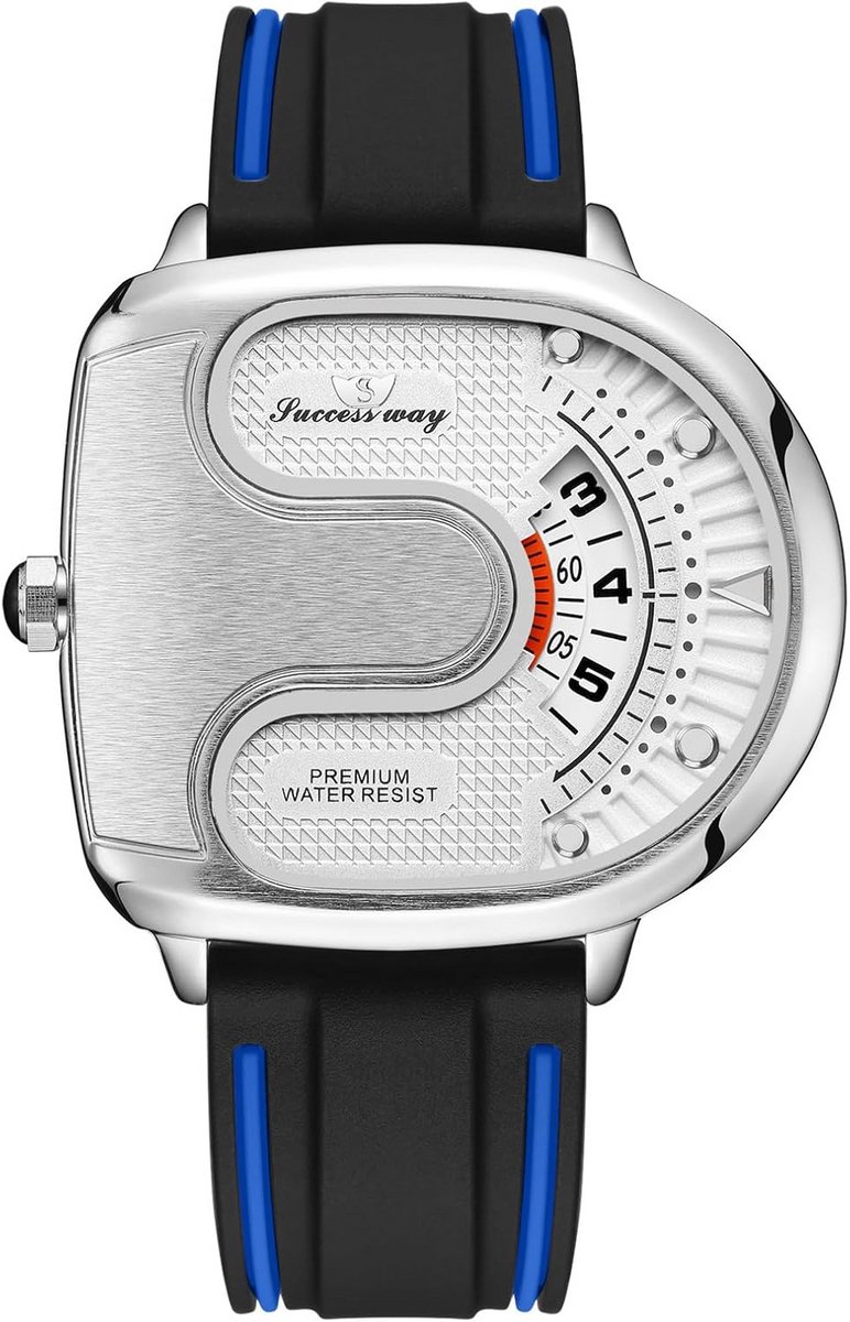 Conceptueel Analoog Herenhorloge met Zilverkleurige U-Vormige Wijzerplaat en Siliconen Band