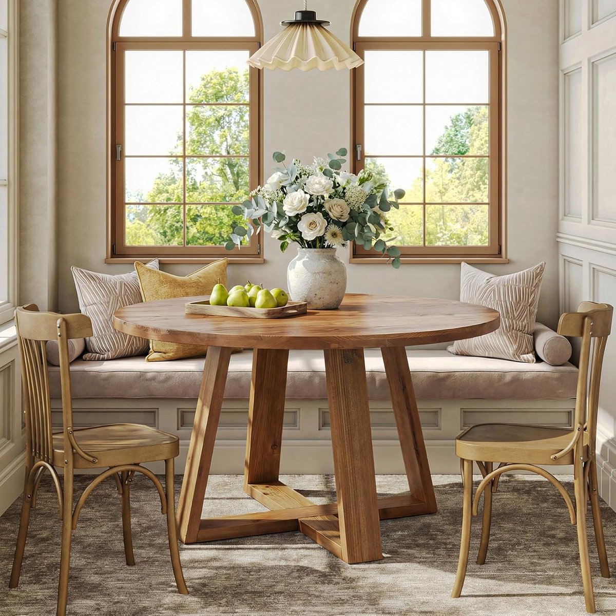 LITTLE TREE Ronde Houten Eettafel 120 cm – Landelijke Boerderijstijl – Eettafel met Stabiele Onderstel – Rustieke Eiken Tafel voor Eetkamer & Keuken – Inclusief 4 Stoelen