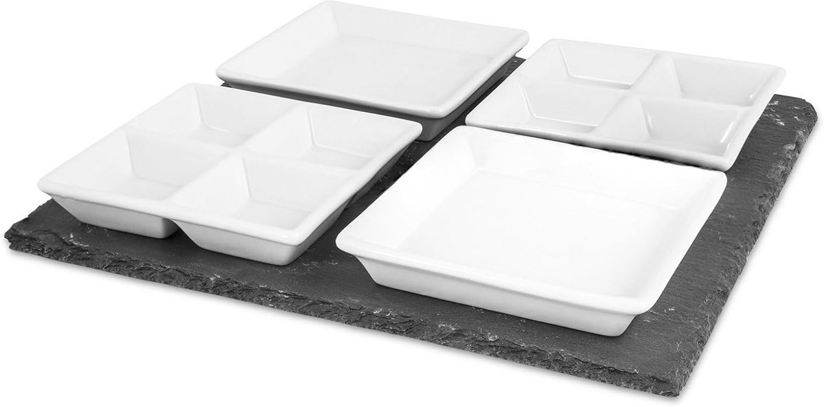 Ardesia Serveerschaal Set met 4 Vierkante Porseleinen Kommetjes - 30x30cm