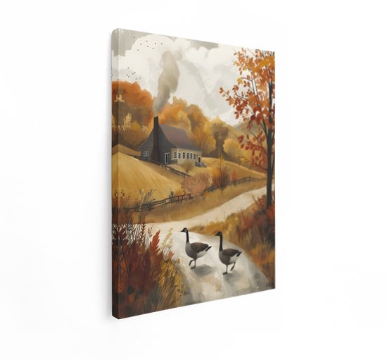 Artaza Canvas Schilderij Landelijk Herfsttafereel - 30x40 cm - Muurdecoratie Ganzen - Wanddecoratie Natuur - Schilderijen Op Canvas