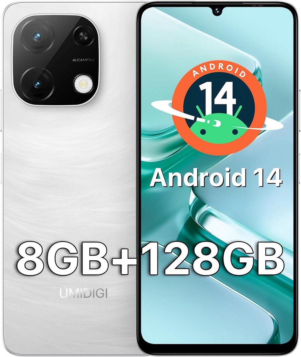 Android 14 Smartphone met 4GB+128GB Uitbreidbaar, 6,75" 90Hz HD+ Scherm en 5000mAh Batterij