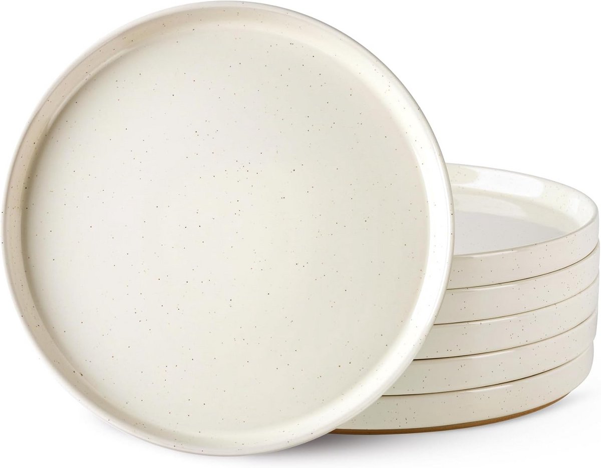 Set van 6 Dinerborden Keramiek - 25cm Steengoed Borden - Moderne Platte Eetborden - Beige