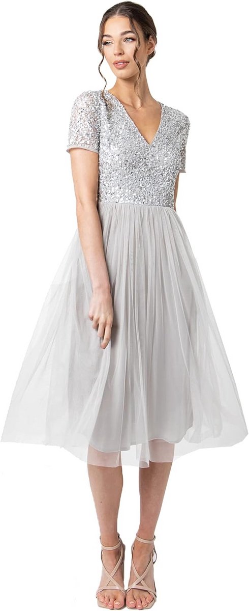 Elegante Midi Jurk met Pailletten en V-Hals voor Bruiloft Gasten