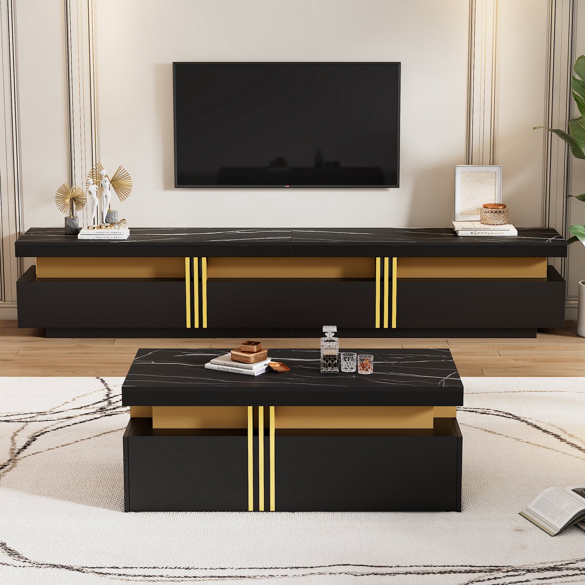HAUSS SPOLE TV-Meubelset - TV-Meubel Met Marmerlook Blad En Salontafel Met Laden - Hoogglans Met Gouden Strepen En Ruime Opbergruimte - Spanplaat - TV 200x40x42 cm Tafel 1000x500x400 mm - Zwart