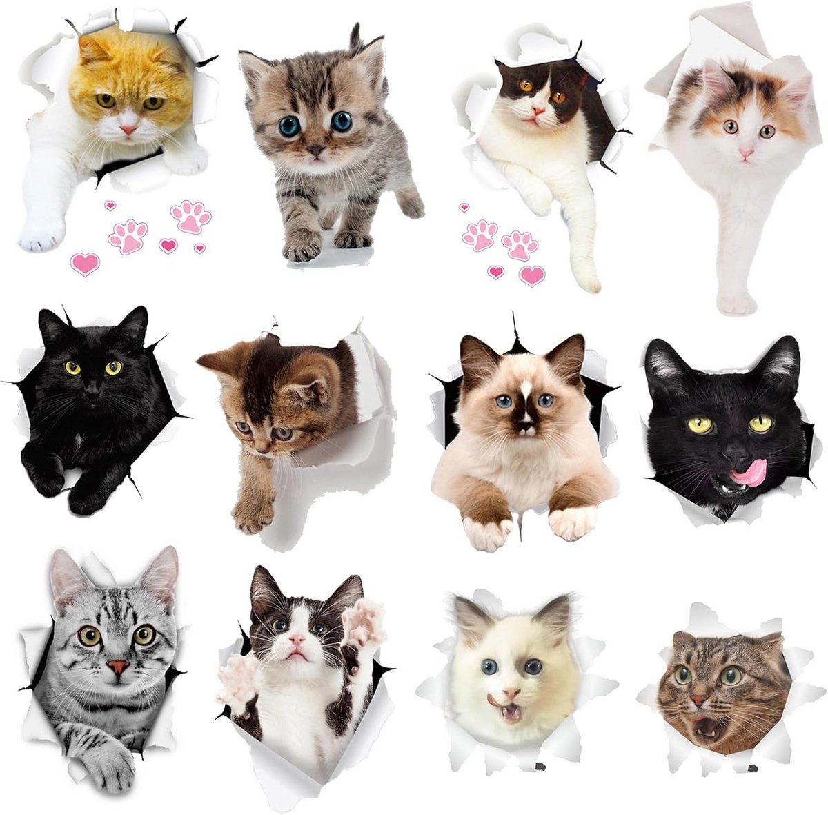 12 Stuks 3D Katten Muurstickers - Plakplaatjes Katten voor Koelkast, Woonkamer en Slaapkam