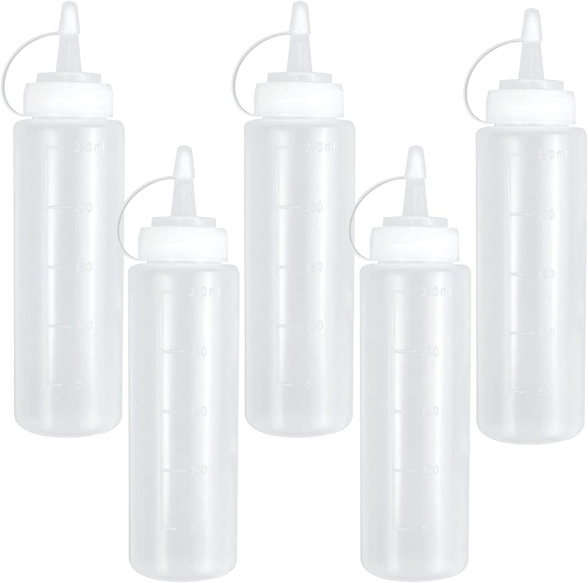 Famanu – Knijpfles set van 5, 250 ml, transparante condimentflessen met schaalverdeling