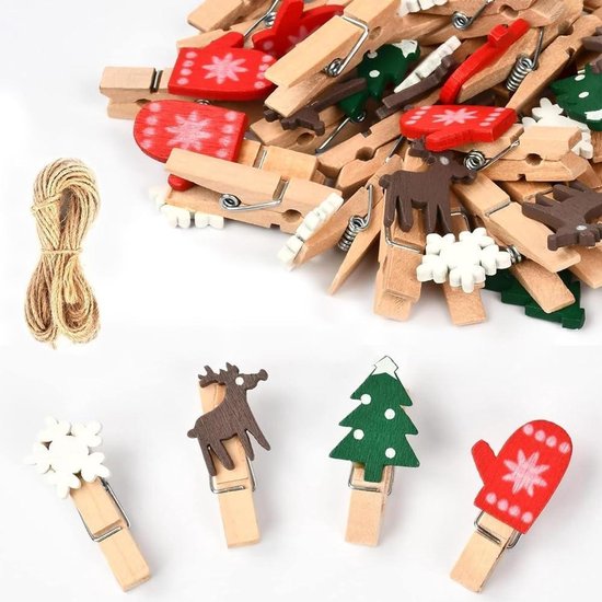 KATELUO 50 stuks wasknijpers voor Kerstmis, houten klemmen, decoratieve klemmen voor Kerstmis, sierklemmen voor foto's, geschikt voor kerstclipdecoratie, fotocadeau, kaartdesign, verzamelalbum