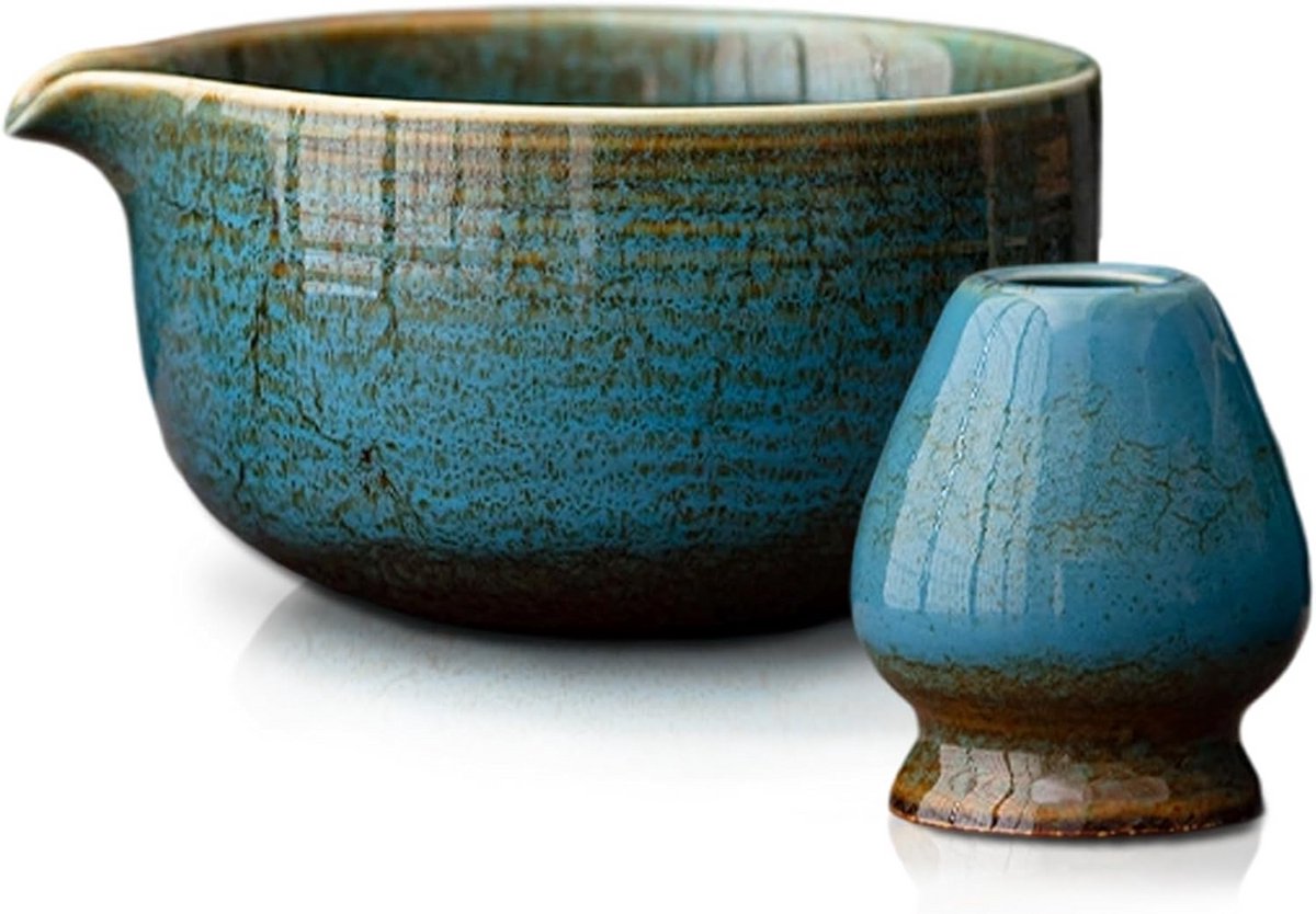 Matcha Theeset Blauw 2 Delig Met Keramische Schaal (510ml) en Klopperhouder