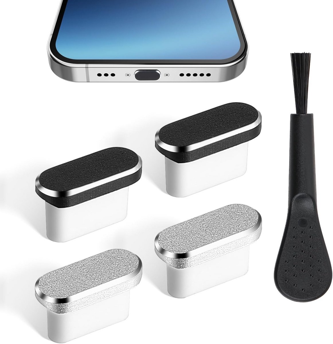 4x USB-C Stofplug Set met Reinigingsborstel - Metalen Beschermkap voor Type C Poort