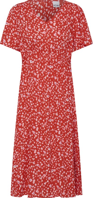 Robe rouge à manches courtes, col en V et imprimé floral ICHI.