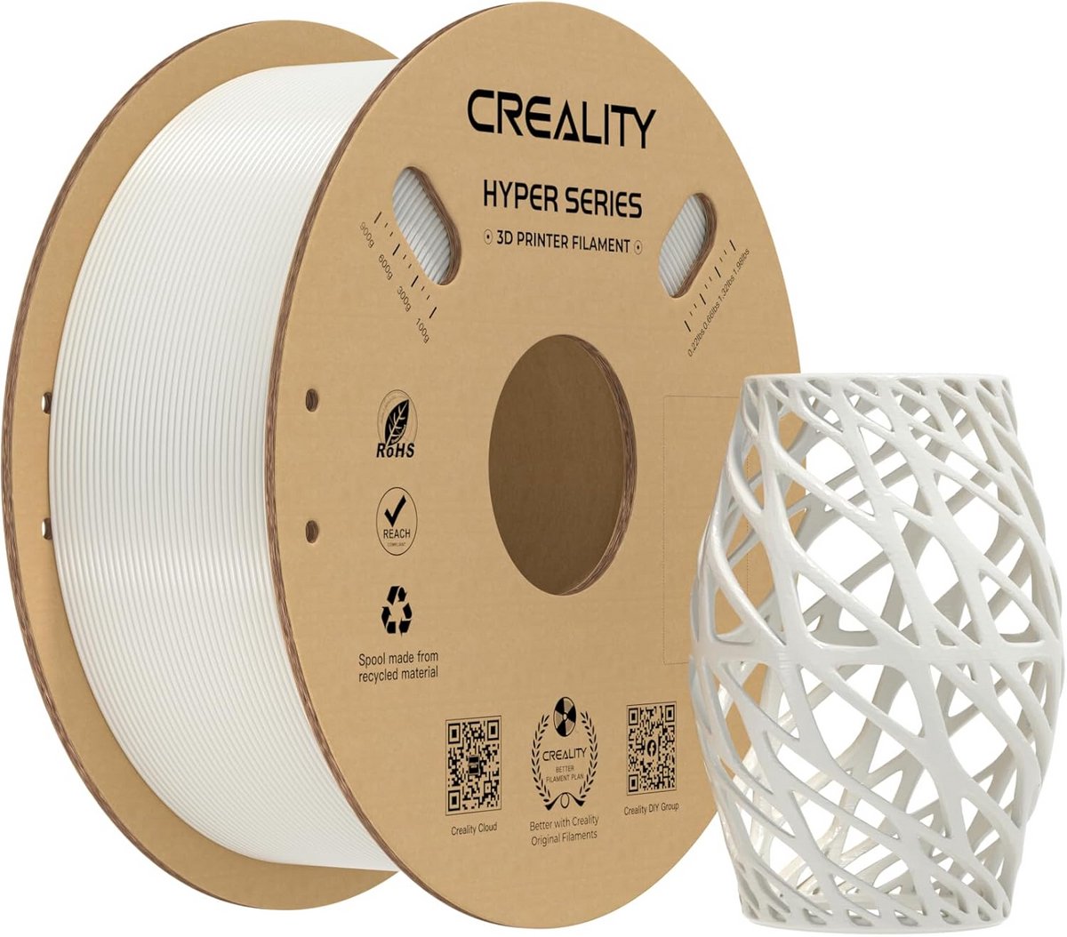 Hyper PETG Filament 1.75 mm Wit voor 3D Printers - Hoge Snelheid Printen tot 600 mm/s