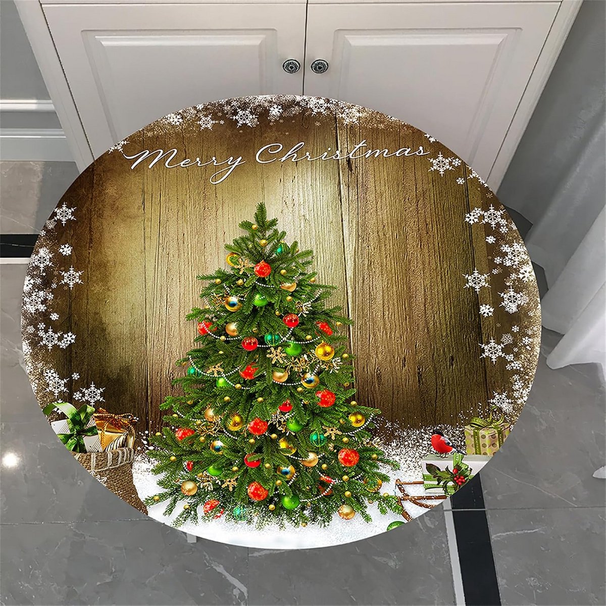 Ronde Tafelkleed met Kerstprint - Vuilafstotend en Afwasbaar met Elastische Rand - Ø 120 cm