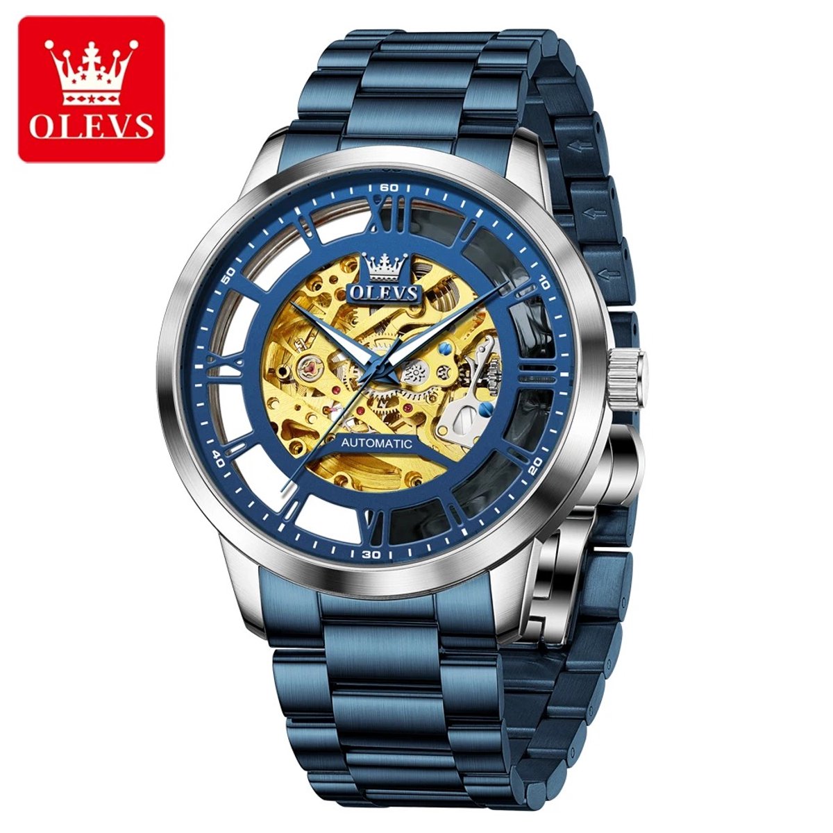 HO-6728.bl : Olevs automatisch mechanisch edelstalen metallic blauw-zilverkleurige Tourbillon horloge, skeleton kast met goudkleurig binnenwerk