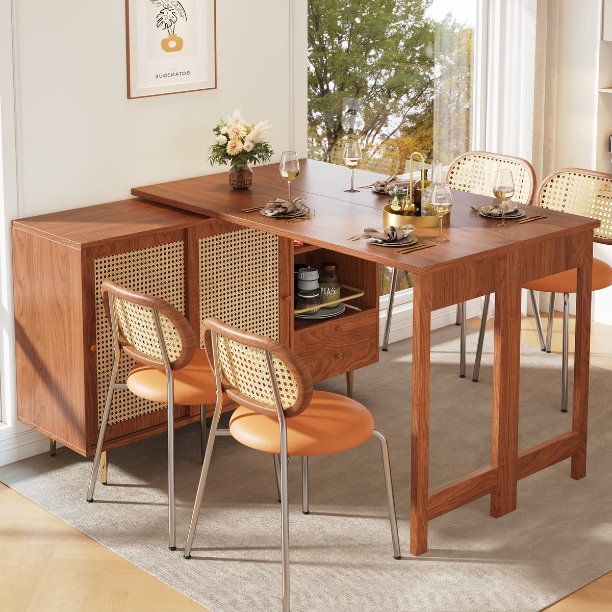 HAUSS SPOLE Dressoir - Draaibaar Staande Tafel 360° En Uitschuifbaar - Met Rattan Deuren En Open Planken Voor Keuken Eetkamer - MDF - 107x40x71,4 cm - Notenbruin