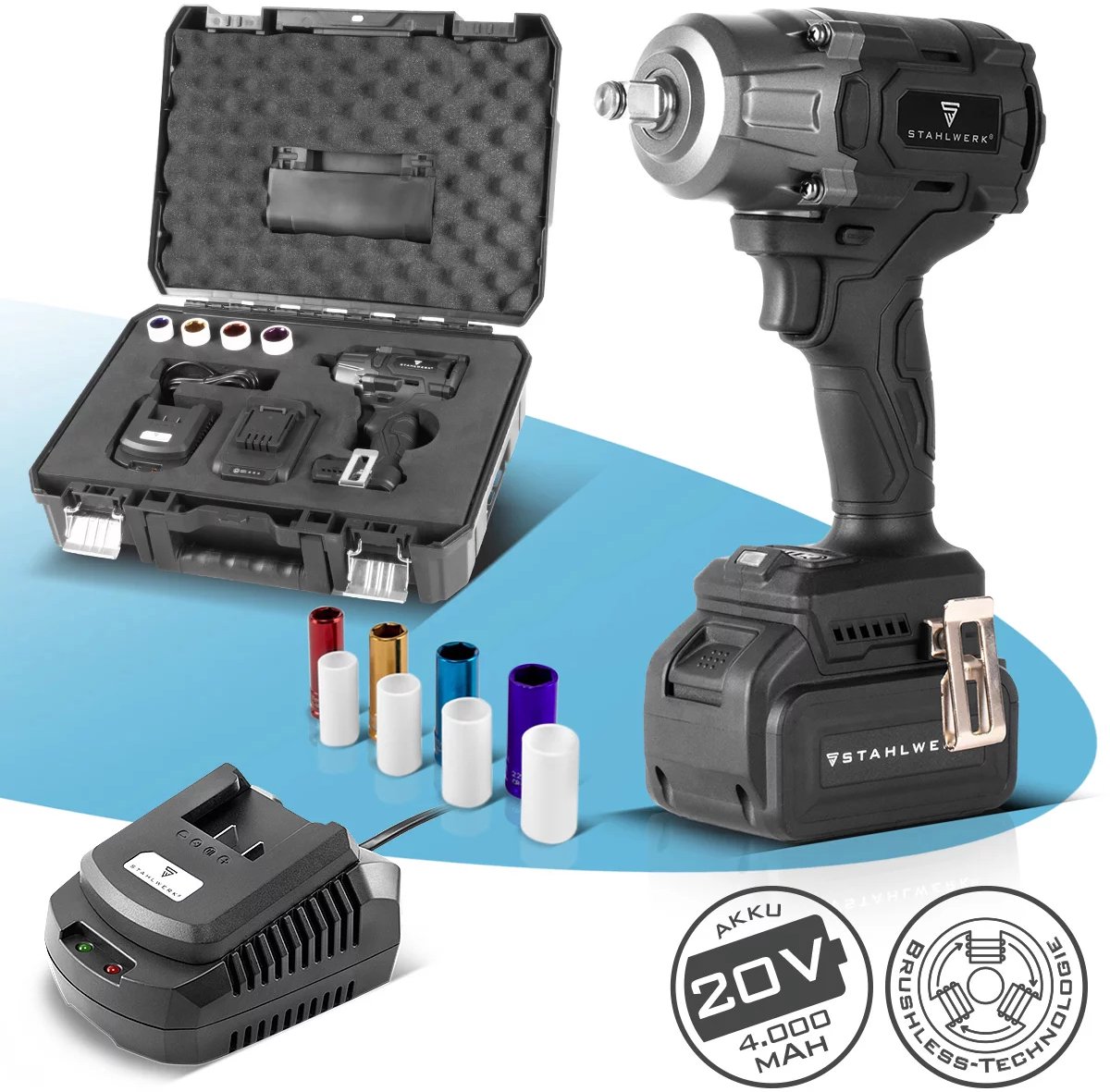 STAHLWERK ADS-880 ST accu-slagmoersleutel | 20 volt systeem | borstelloze technologie | accu-slagmoersleutel met 880 Nm | ½" inch dopsleutel | inclusief 4 17-22 mm doppen | accu en oplader