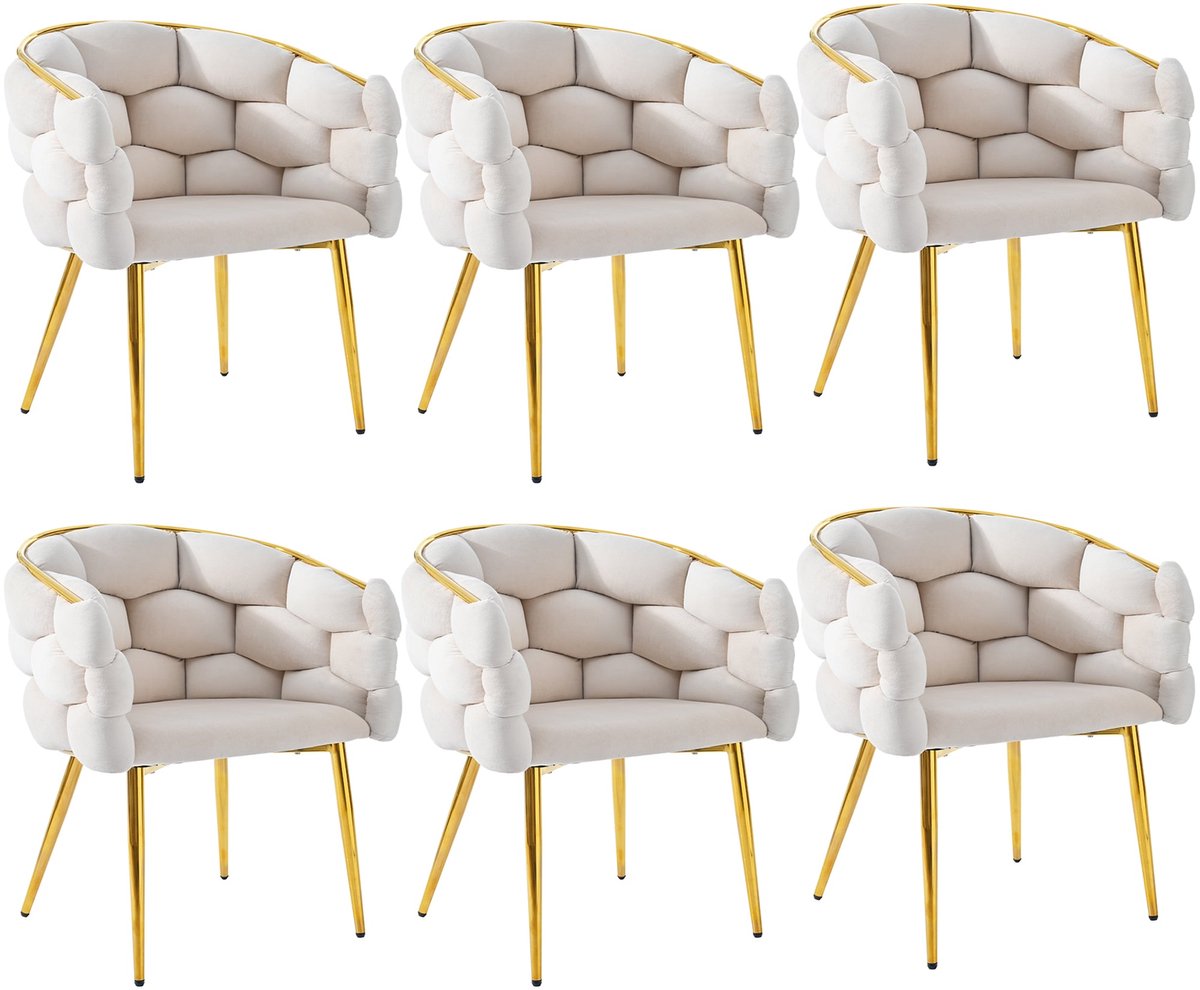 Merax Set van 6 Velvet Eetkamerstoelen - Luxe Bubble Design - Gouden Metalen Poten - Ergonomische Rugleuning - Verstelbare Pootdoppen - Beige - 44 x 41 x 74 cm