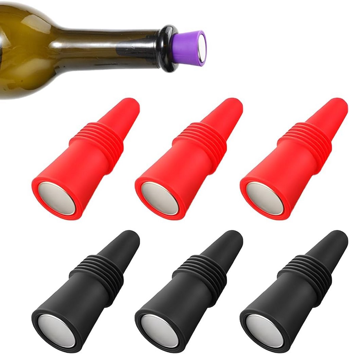 Set van 6 Siliconen Flessendoppen - Herbruikbare Wijn, Champagne en Bier Sluiting