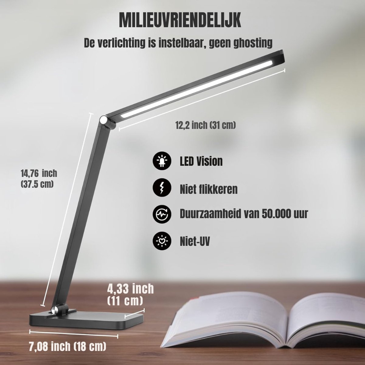 Quvo® Bureaulamp led dimbaar daglicht - USB oplaadbaar - 5 kleurenfuncties - Daglichtlamp - Touchscreen - Lichttherapielamp - Hobby lamp voor schilderen, puzzelen – UV-Vrij - Tafellamp/lamp staand - Zwart - ‎40cm x 12cm x 4cm thumbnail 6