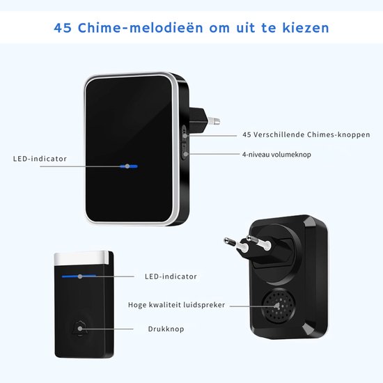 Quvo® Waterdichte Draadloze Deurbelset - 2 Ontvangers - 150m Bereik - Geen Batterijen - 45 Melodieën - 4 Volumeniveaus - Zwart - ‎13cm x 11cm x 8cm — afbeelding 5