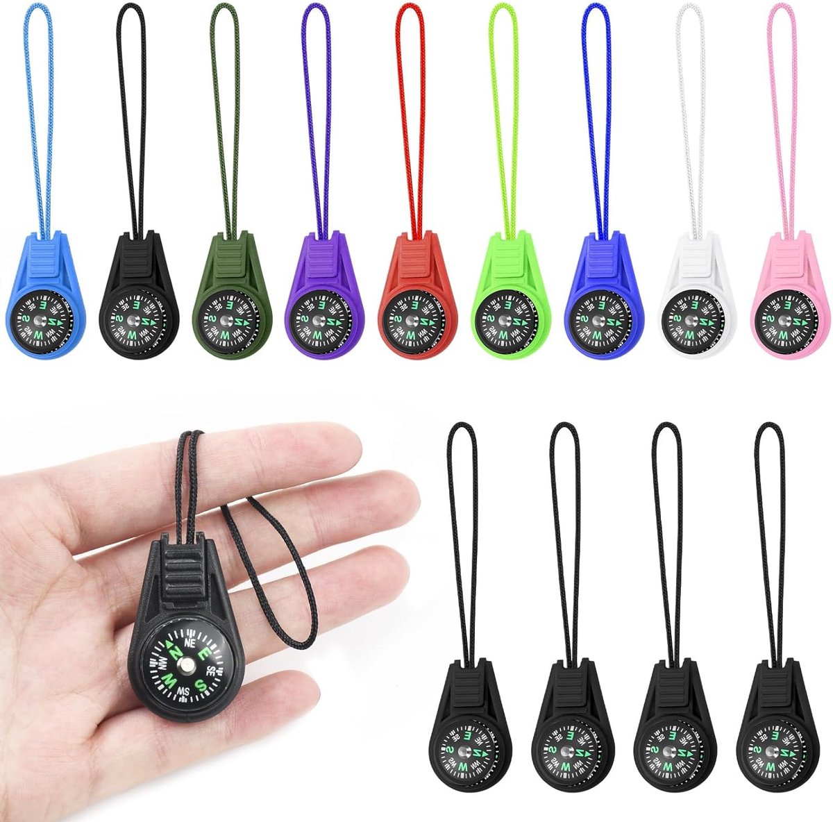 ANMI® Mini Kompas Sleutelhanger Set Van 12 - Multicolor Kinder Kompas - Met Paracord Koord - Klein Zakkompas Voor Camping Wandelen Outdoor - Voor Rugzak Sleutelbos Armband