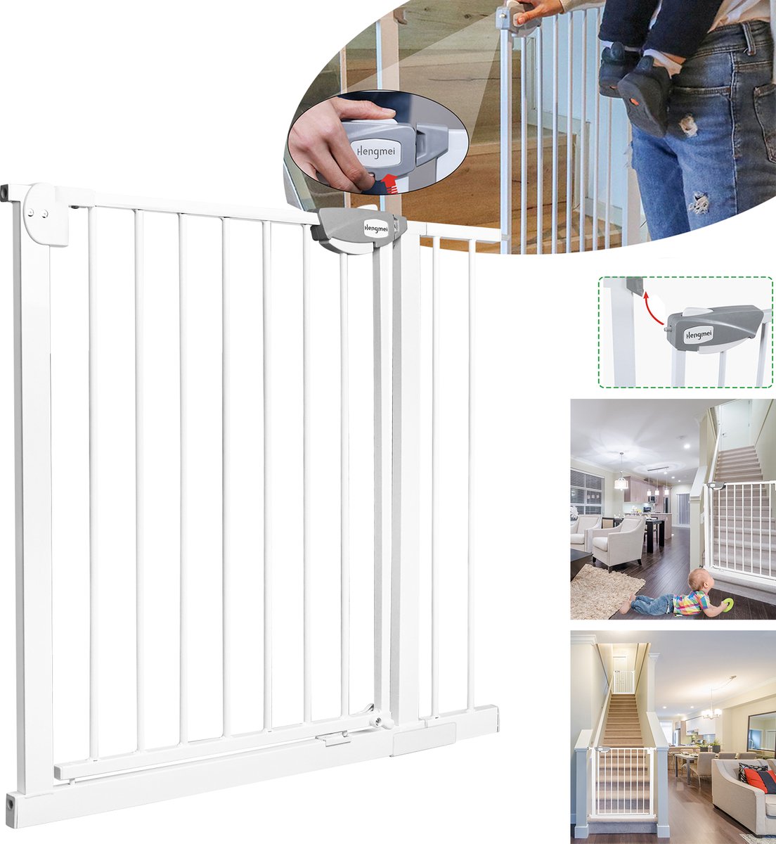 Froadp 85-95 cm de large Barrière de sécurité pour porte sans perçage Barrière d'escalier Barrière de sécurité pour enfants Barrière de porte Auto-Close 180° Ouverture bidirectionnelle Barrière de sécurité pour bébés et enfants, Blanc