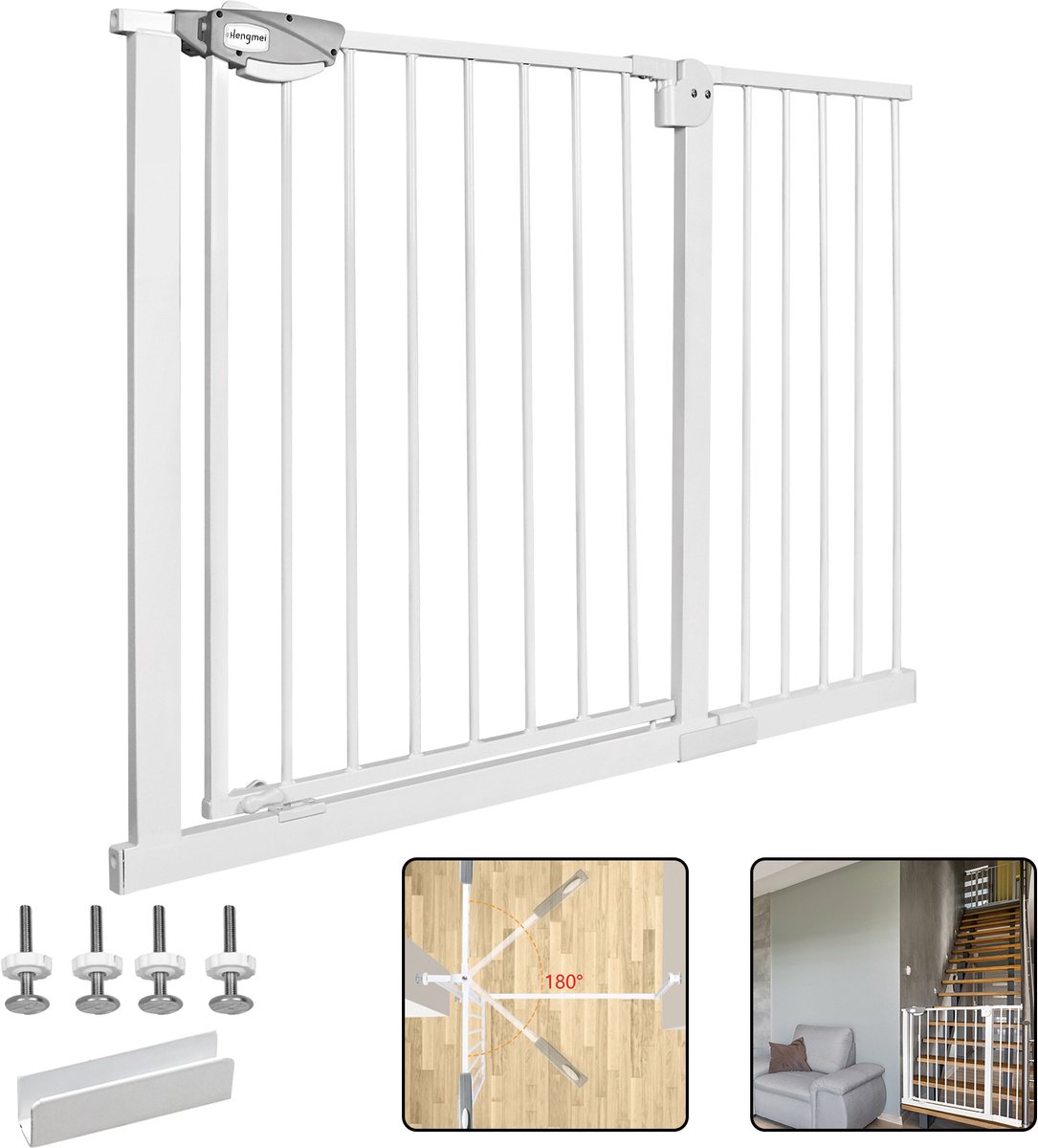 Froadp 105-115 cm de large Barrière de sécurité pour porte sans perçage Barrière de sécurité pour enfants Barrière de porte Auto-Close 180° Ouverture bidirectionnelle Barrière de sécurité pour bébés et enfants, Blanc