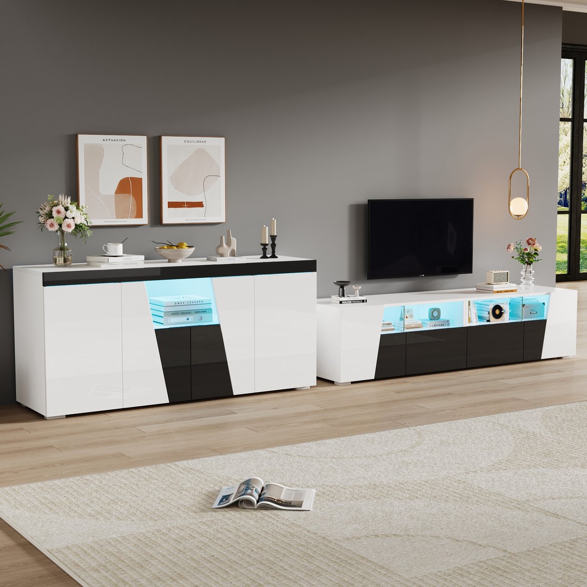 TV-meubel - 180x38.5x45 cm - LED en Hoogglans - Met Extra Bijzetkast - Hout - Zwart en Wit