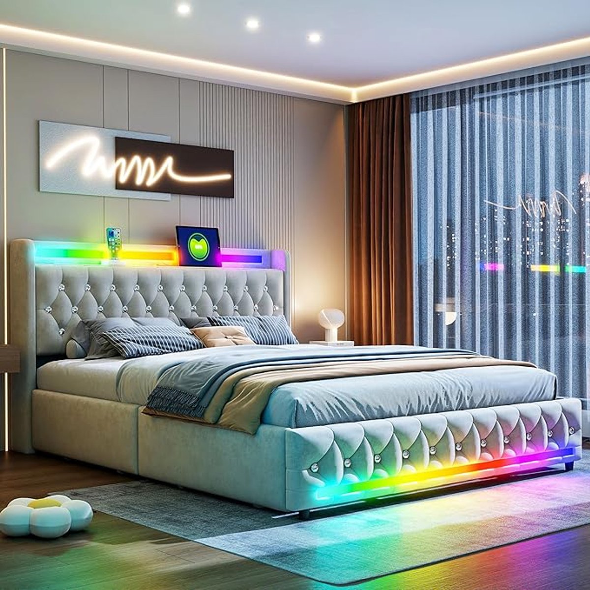 Gestoffeerd tweepersoonsbed 160x200 cm met LED verlichting, Bluetooth speakers, USB & Type-C laadstation, opbergruimte en 4 lades – fluwelen bedframe beige – Pauwhome