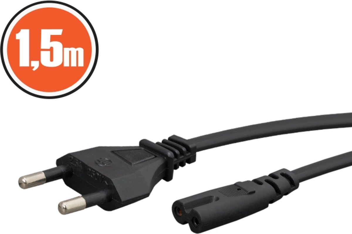 Stroomkabel 1,5 Meter – CEE 7/16 Stekker naar IEC C7 Aansluiting – 2,5A / 250V – Zwart – Dubbel Geïsoleerd – Geschikt voor Radio, TV, Adapter en Elektronica Apparatuur [20111]