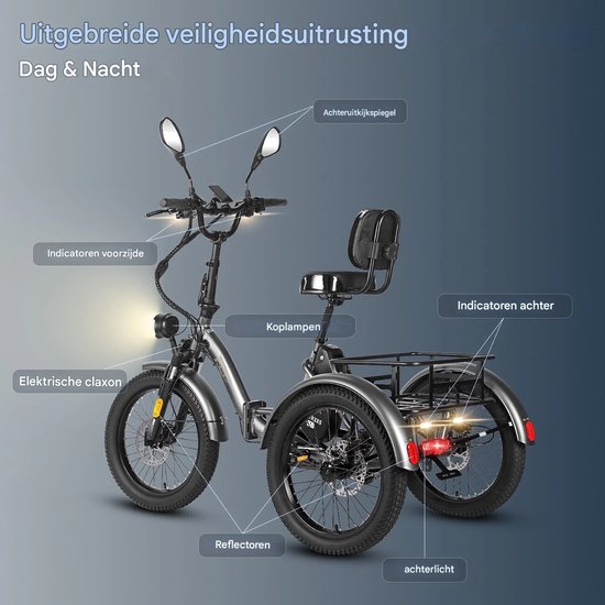Dik Klapfiets E-Bakfiets 20 Inch 48V 23.45Ah Accu, Hydraulische Schijfremmen Elektrische Fiets, Elektrische Vrachtsfiets 180kg, Blauw Driewieler E-Bike van Dik. — afbeelding 3