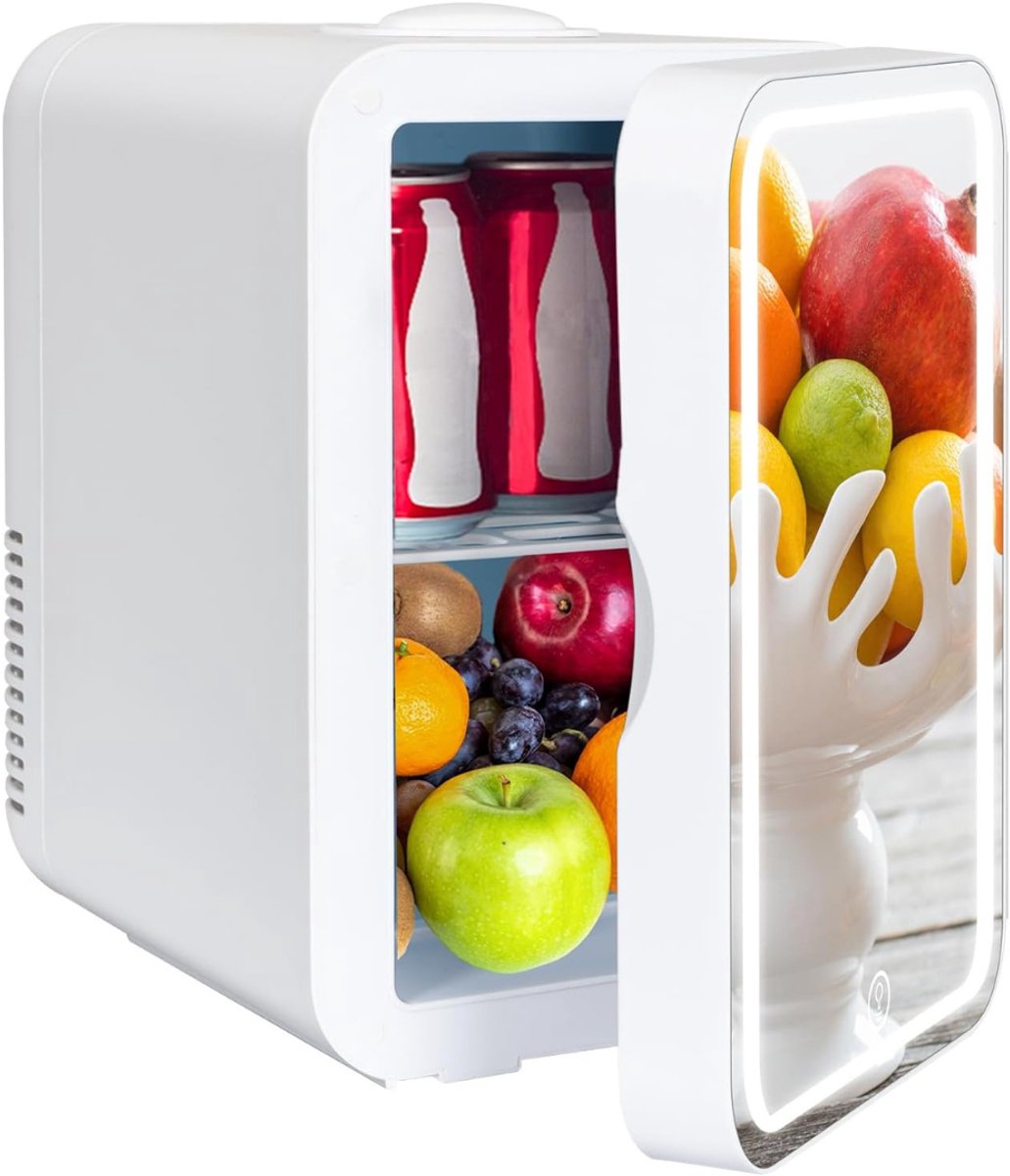 Aurixi® Skincare Fridge - Mini Koelkast 8 Liter – Met Spiegel en Verlichting - Mini Fridge - Make up Koelkast 12v - Skincare Organizer - Skincare Koelkast - Small Fridge - Cosmetica - Wit - 26cm x 21cm x 30cm