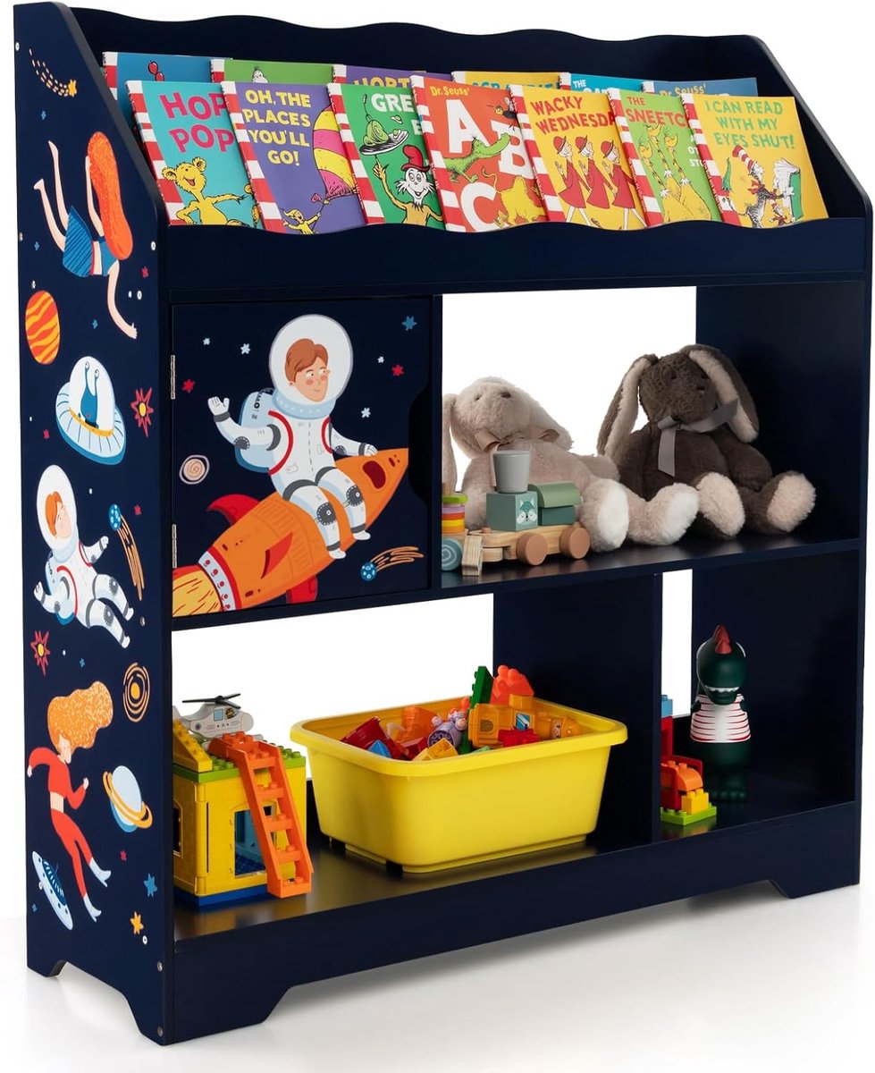 KOMFOTTEU Kinderspeelgoedrek, vrijstaand kinderrek met 3 open opbergvakken en deurkast, schattige kinderboekenkast met kantelbeveiliging, voor kinderkamer, speelkamer en kleuterschool (blauw)