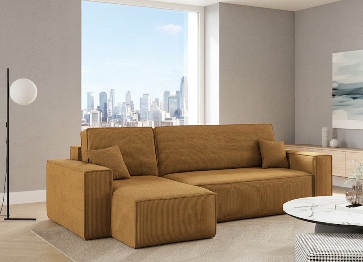 Comfortabele Hoekbank met Slaapfunctie en Opbergruimte – L-Vormige Slaapbank met Voetenbank – Gestoffeerde Corduroy Bank – Modern Design – House&Garden – Mosterdkleur