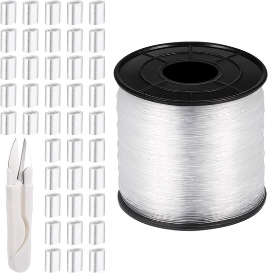 Doorzichtige nylon visdraad 0,8 mm - 656 voet met aluminium krimphulzen en schaar - Ideaal voor hangende decoraties en ambachten.