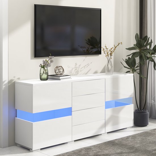 MIVRAY Dressoir - Hoogglans Front Met Ledverlichting En Appbediening - 2 Acryldeuren En 4 Lades Voor Woonkamer - MDF - Wit