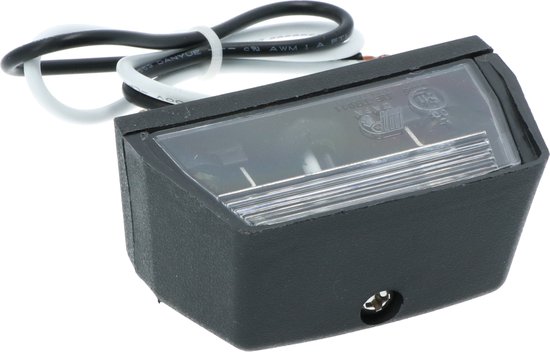 Kentekenplaatverlichting met zwarte behuizing, transparante kap en bedrading.