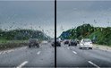 Vergelijking van autoruiten op een regenachtige snelweg. Links de ruit is vol met kleine druppels, rechts is de ruit droog met grote druppels.