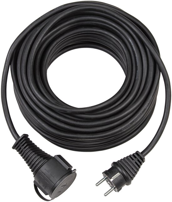 Een opgerold zwart verlengsnoer van 10 meter, type IP44, met aan beide uiteinden een stekker en een contactdoos.