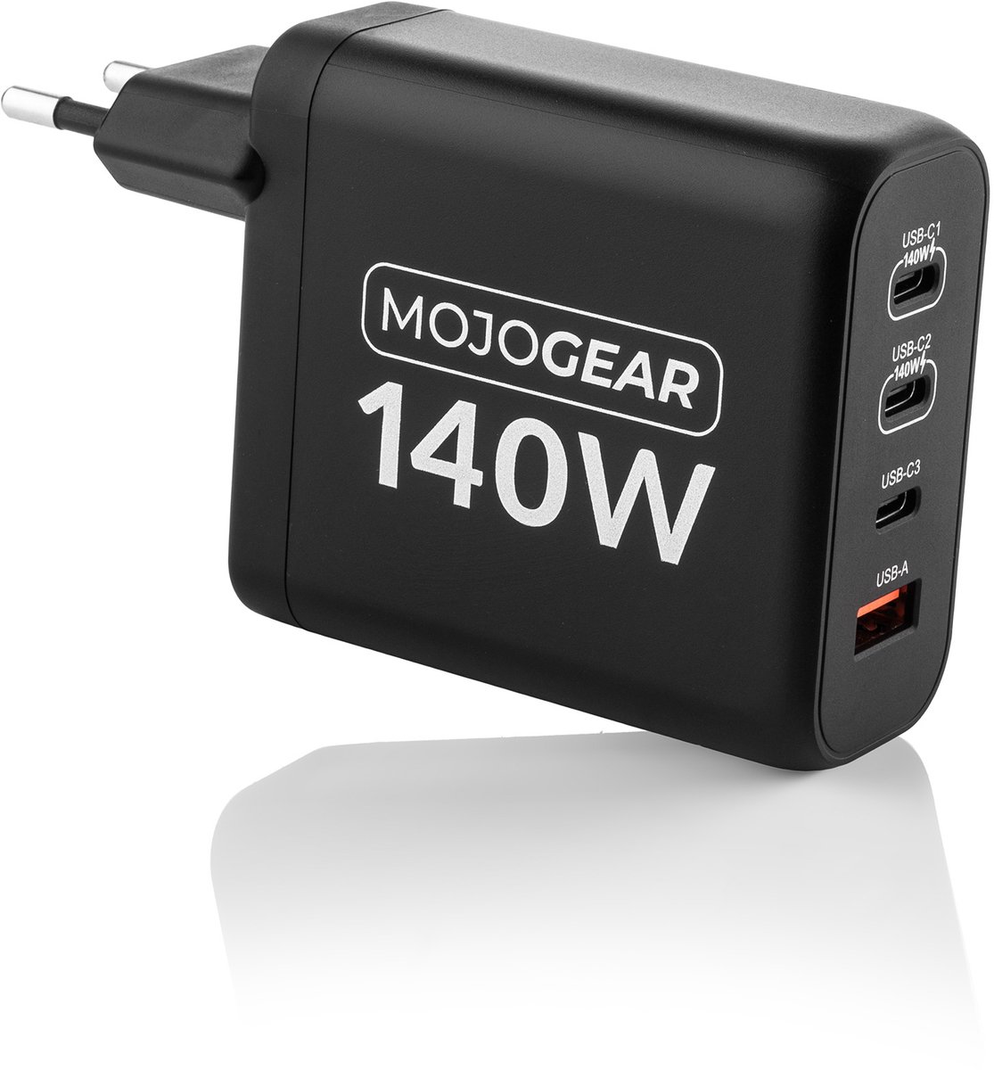 MOJOGEAR CHARGE+ 140 Watt oplader met 4 poorten USB / USB-C — Lader met USB Power Delivery — Oplader 140W voor o.a. laptop, smartphone, tablet — Laad al je apparaten tegelijk razendsnel op — Zwart