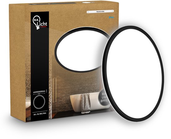 B.K.Licht - Lampe LED Salle de Bain Plafonnier - panneau plafonnier - éclairage salle de bain avec lumière blanc neutre - IP44 - Ø29 - noir