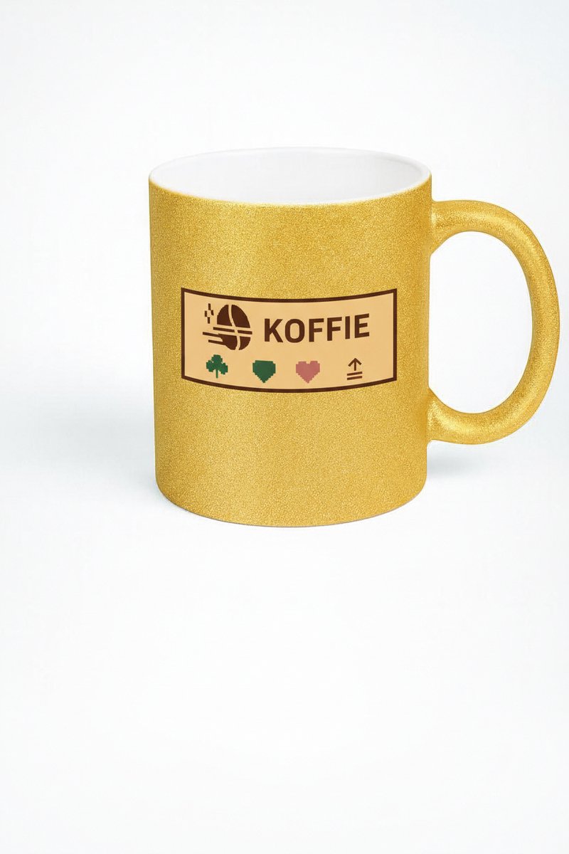Gouden Koffie Mok met Pixel Art Design - Koffie Liefhebbers Cadeau