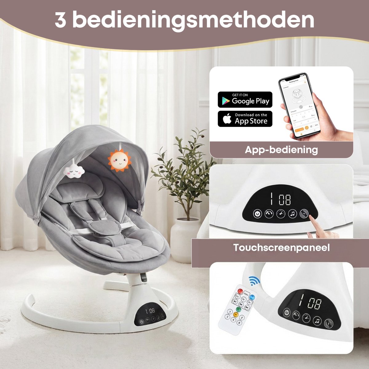 3Babies Elektrische Babyschommel – Grijs en Wit thumbnail 4